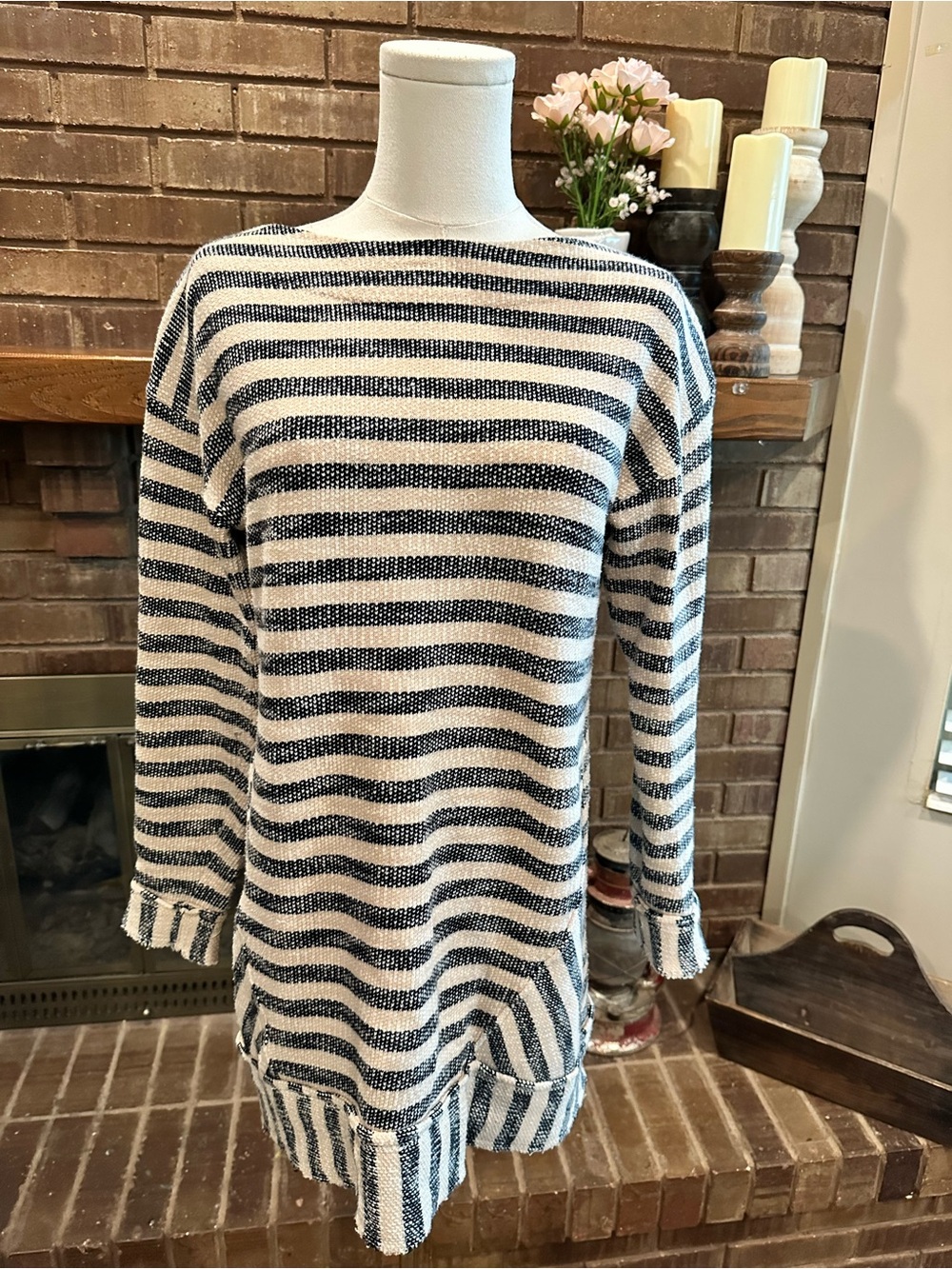 Soft Surroundings Striped Knit Tunic Size Small Cotton Pocket Raw Hem